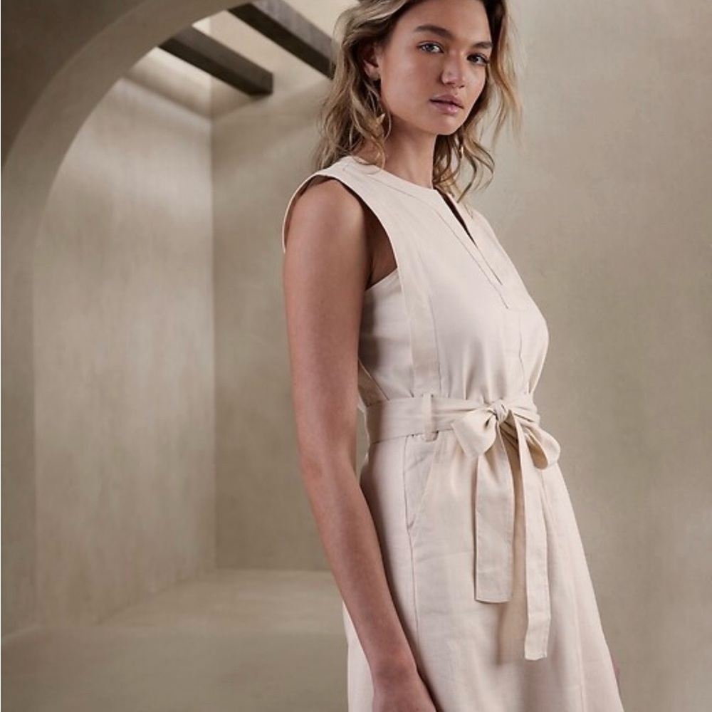 Banana Republic Linen Sleeveless Tie-Waist Cream Midi Dress
